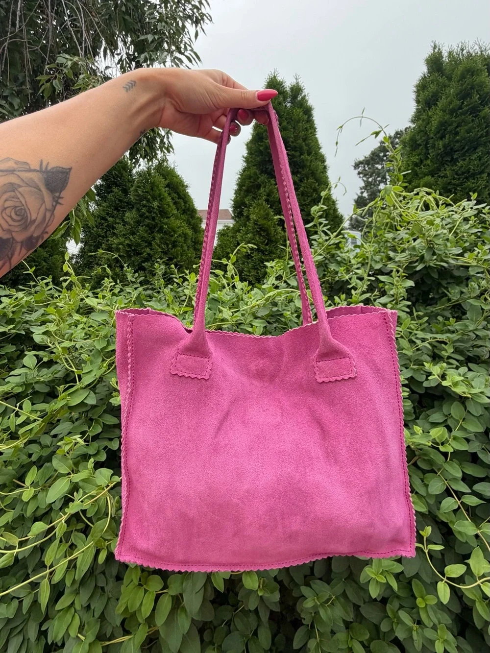 Pink Suede Vintage Leather Boho Tote Bag Genuine Leather Shoulder Purse